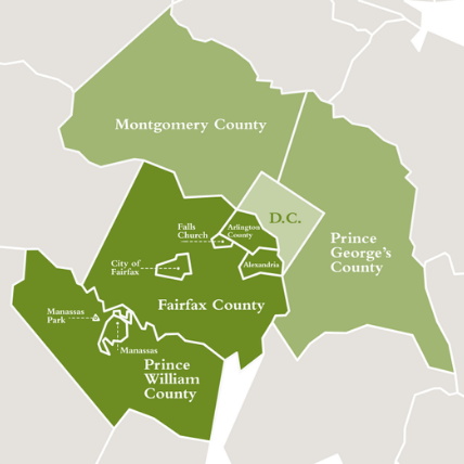 Map of Montgomery, Prince George, Fairfax, Prince William counties