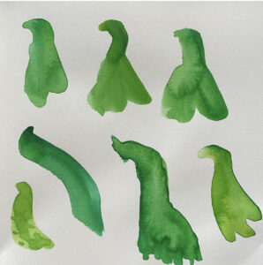 Seven green watercolor figures, of different intensity and shape are released. Each starts from a point and then widens out, symbolizing how the guttural noise passes from the mouth landing at the heart.  